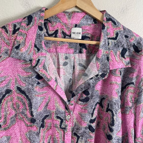 Nic+Zoe Womens Plus 3X Button Up Shirt Pink Gray Long Sleeve Blouse Top - Picture 8 of 10